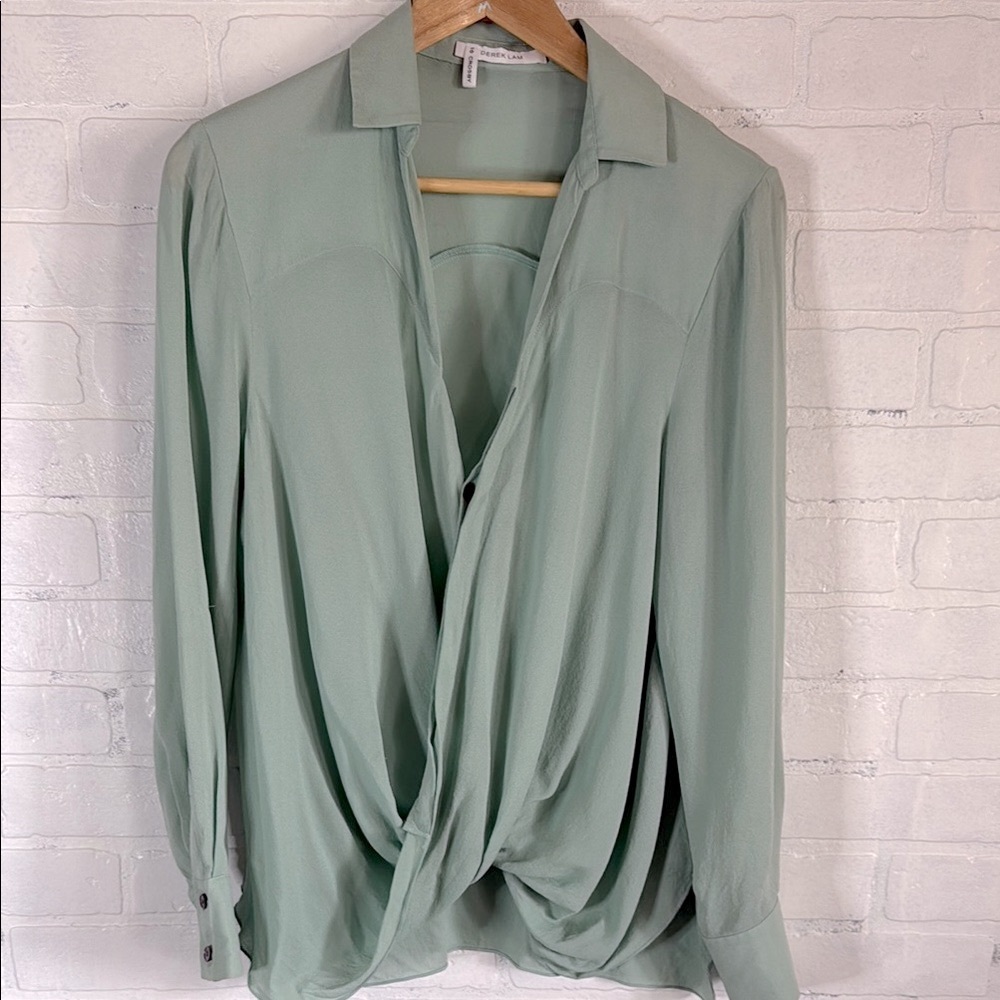 DEREK LAM 10 Crosby Sheer Silk Print Top Blue/Green Western Long Sleeve Size 8